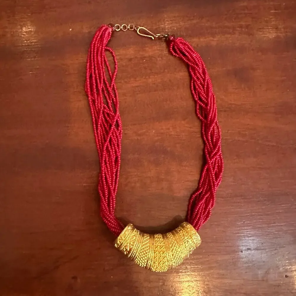 Bollywood Red Beaded Gold Plated Necklace Nepali Mali Wedding Costume Jewelry